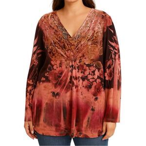New Directions Vintage Y2K Floral V-Neck Blouse - Pink and Brown 1X